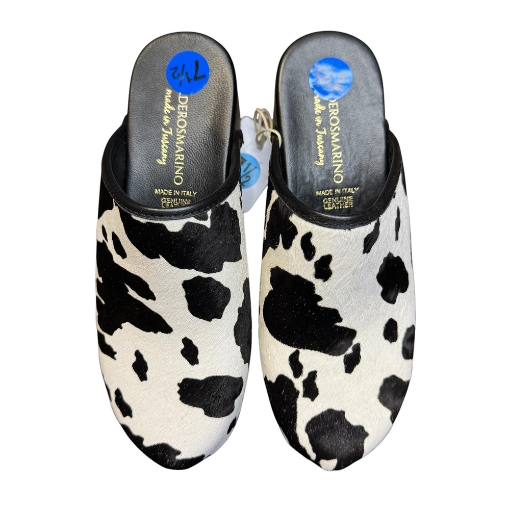 Verderosmarino Shoes Womens Size 7.5 Black Cow Print Leather Wedge Mules